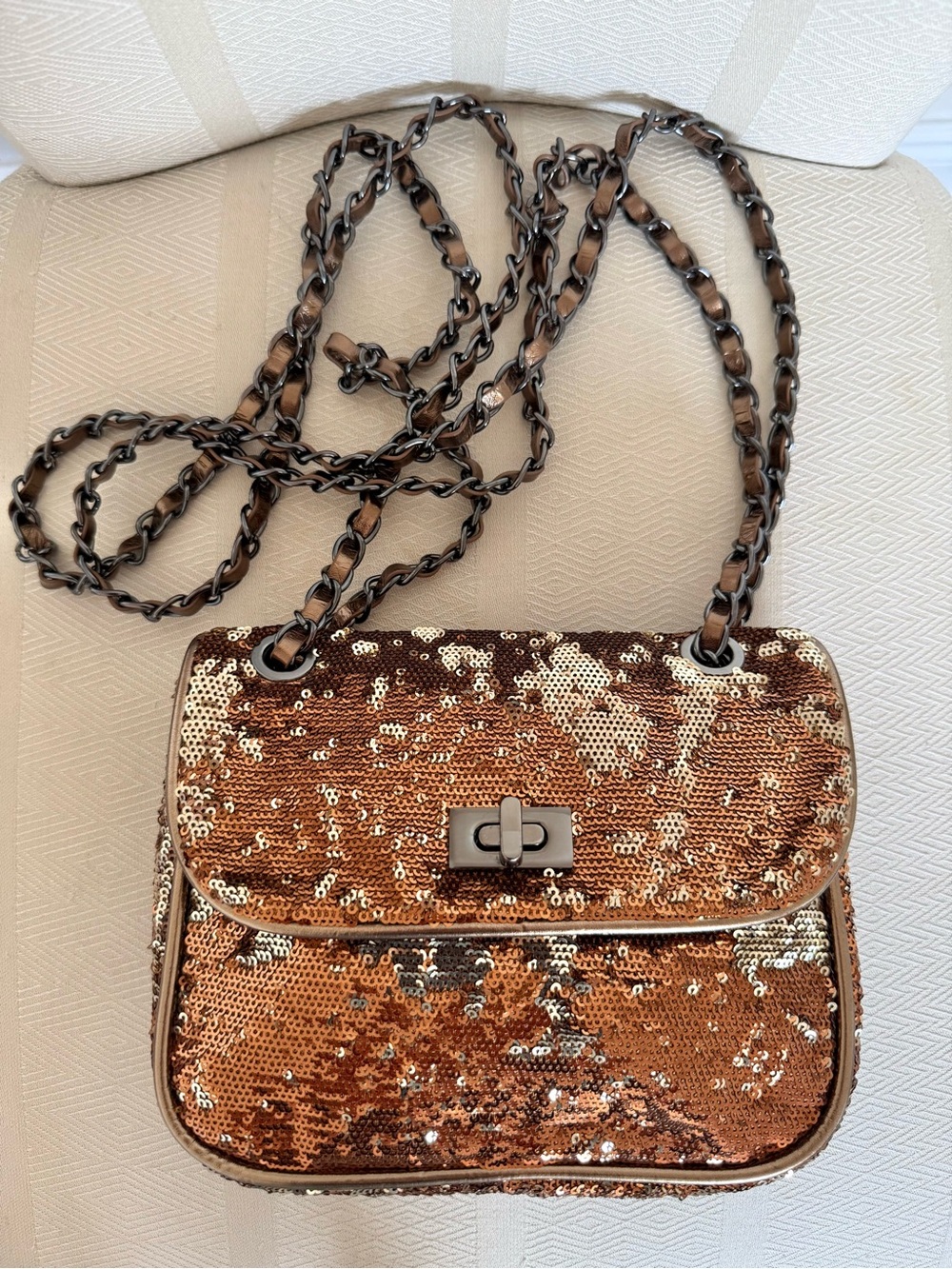 Mango Copper Sequin Crossbody Bag with Chain Strap